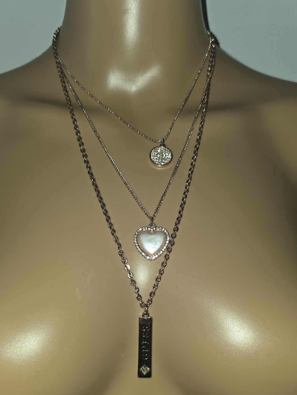 Guess Layered Rose Gold-Tone Heart, Disc & Bar Necklace